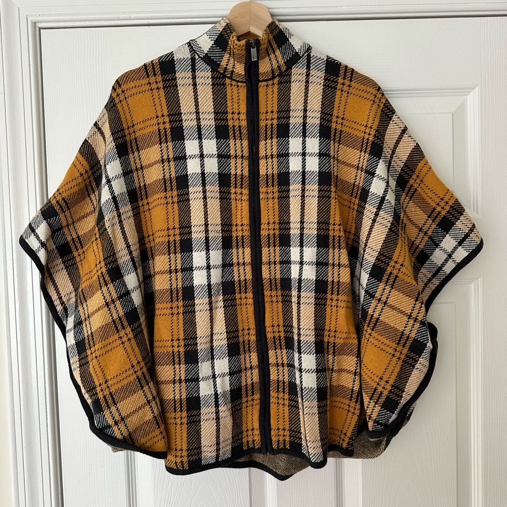 Jones New York Poncho Oversized Cardigan Cape Shawl Zip Yellow Plaid S/M